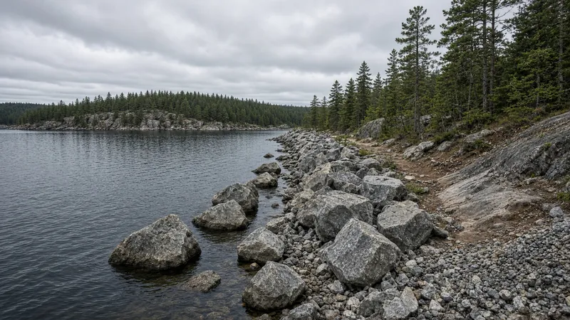 Armour stone shoreline retaining wall on a Northern Ontario lake