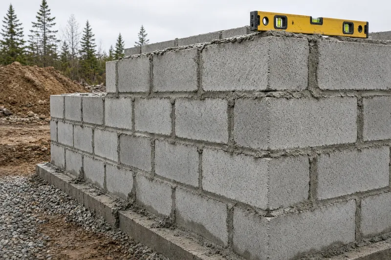 Concrete block wall being laid with true corners and mortar joints