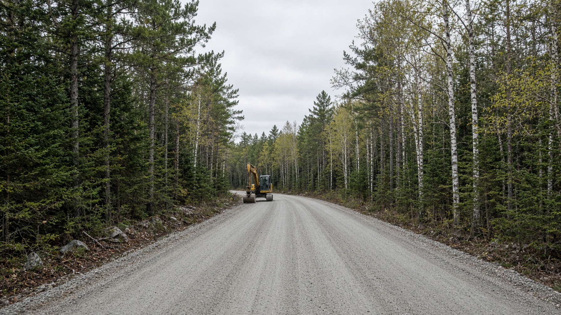 Finished gravel driveway graded through mixed pine and birch