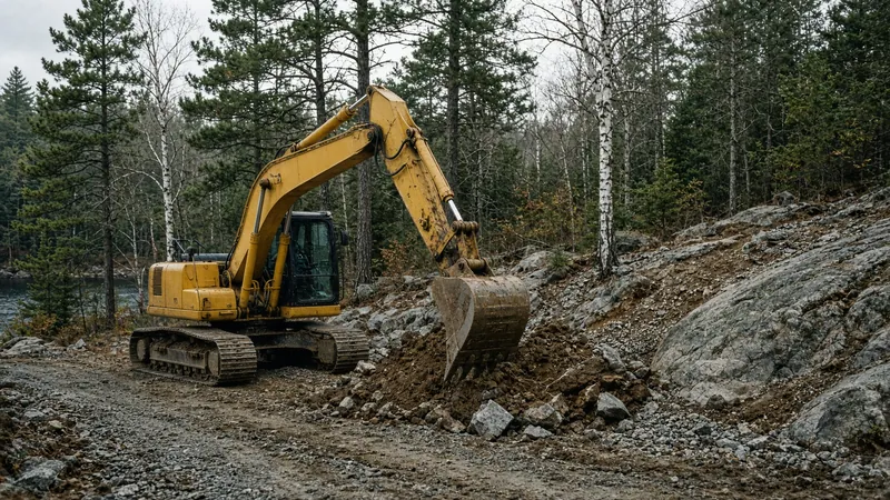 Excavator working a Canadian Shield cottage lot in Northern Ontario forest