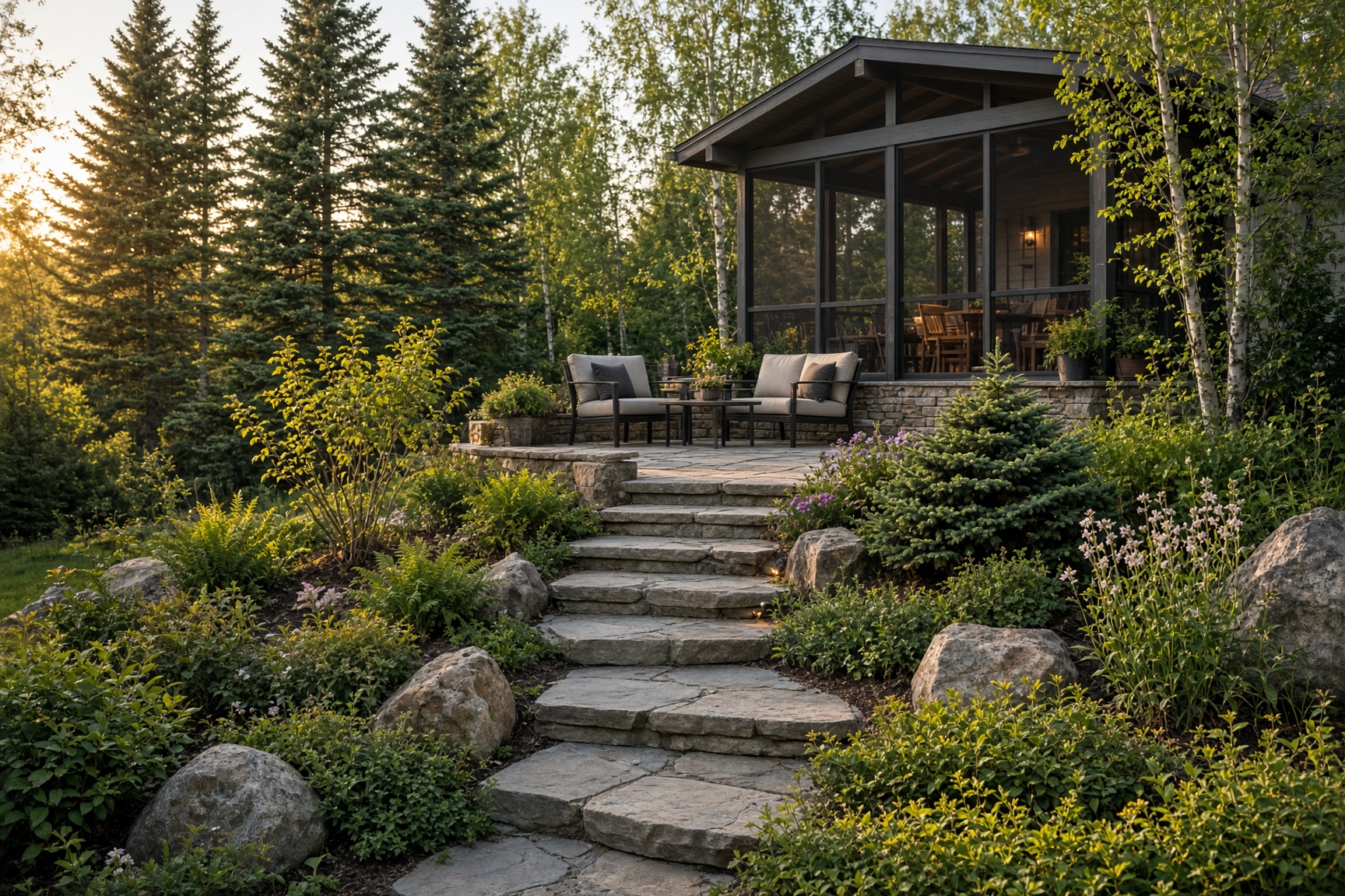 Finished landscaped cottage yard with stone steps and native planting