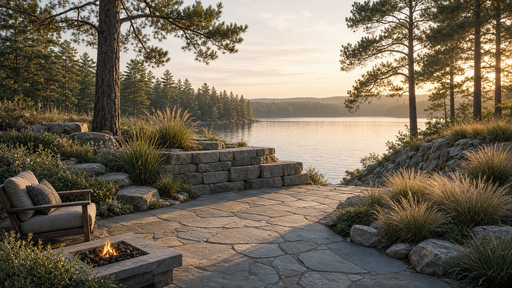 Photoreal landscaping concept of a Northern Ontario cottage outdoor room