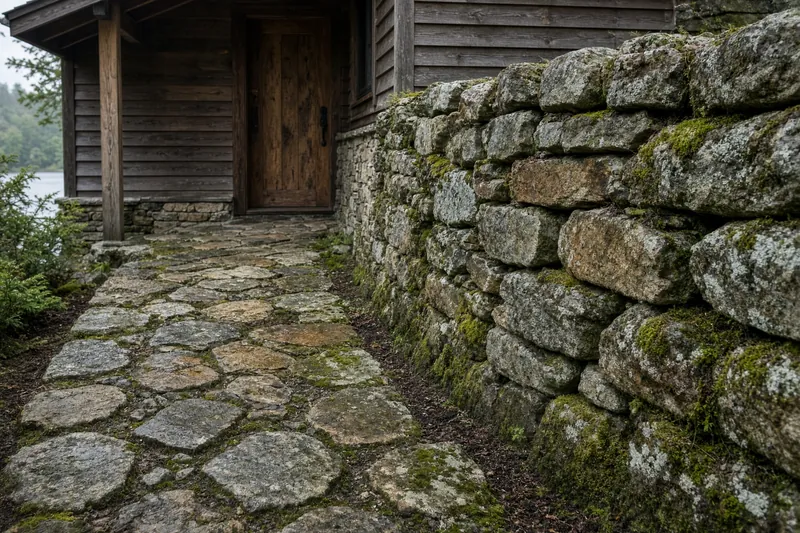 Natural flagstone walkway and stone veneer on a Northern cottage