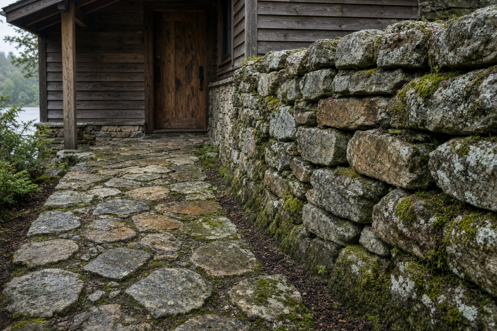 Natural flagstone walkway and stone veneer on a Northern cottage