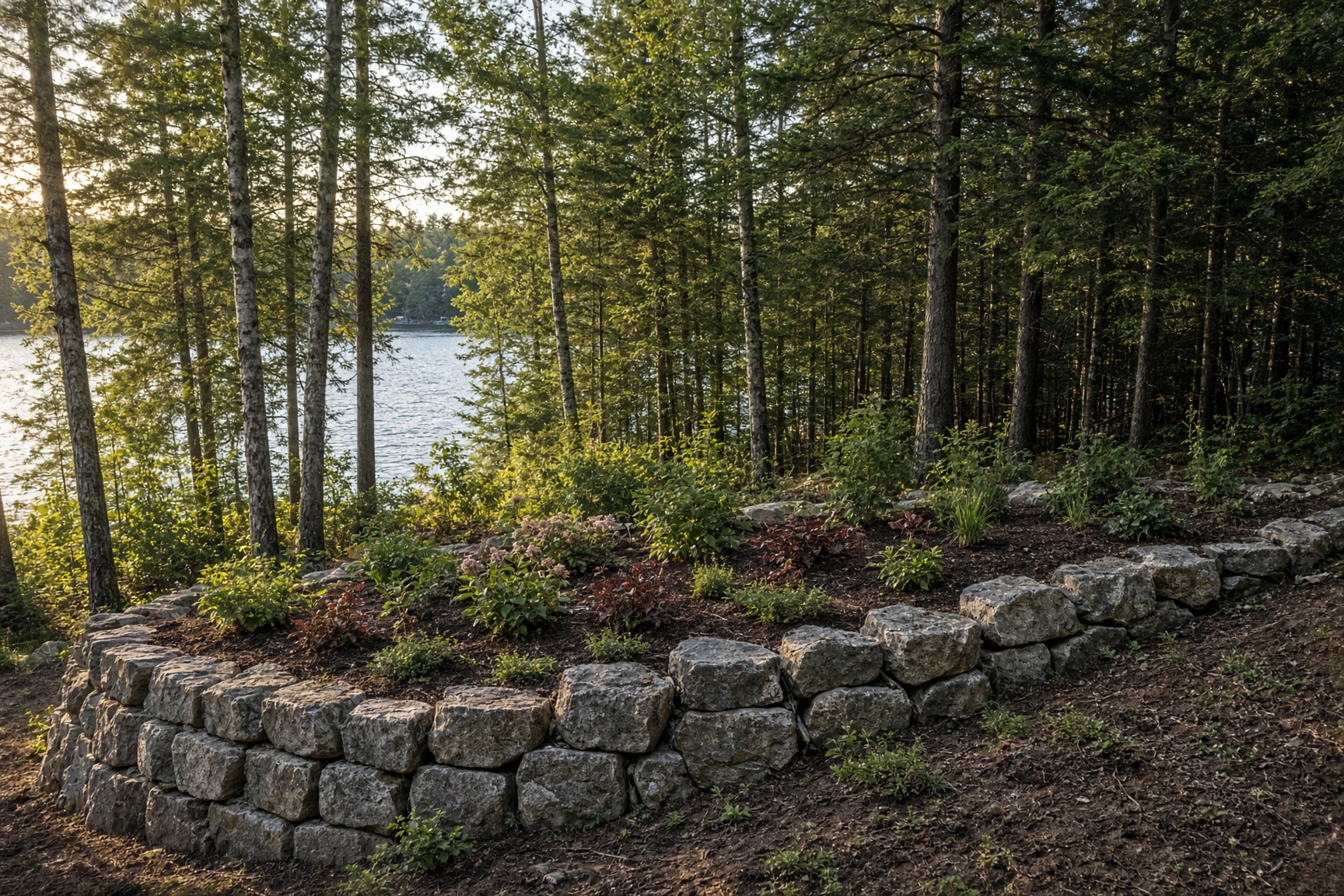 Finished armour stone retaining wall with planted grade