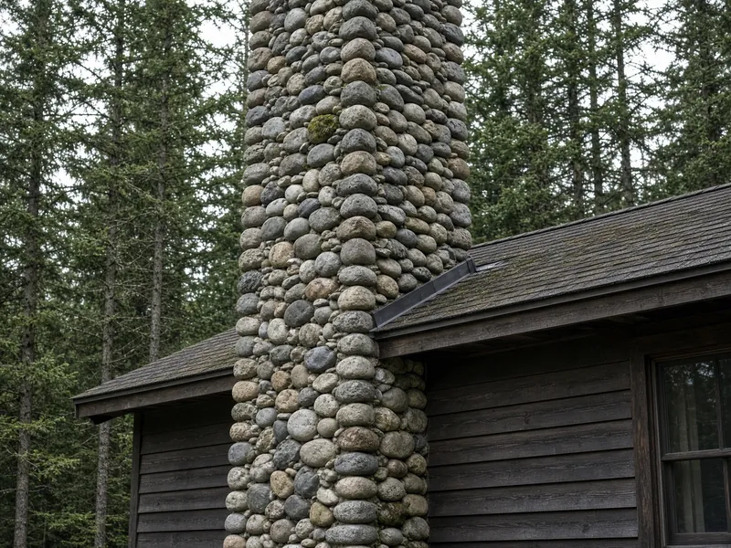 River-rock masonry chimney stacked from rounded stone on a Northern Ontario cottage