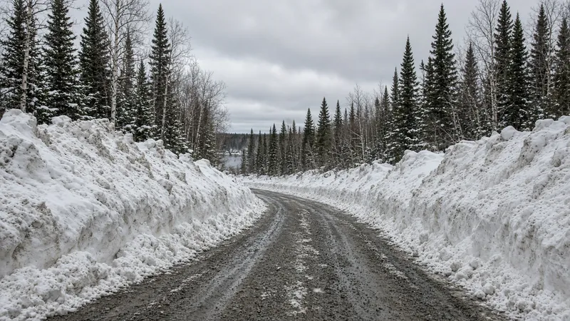 Giant plowed snow heaps along a rural Northern Ontario driveway