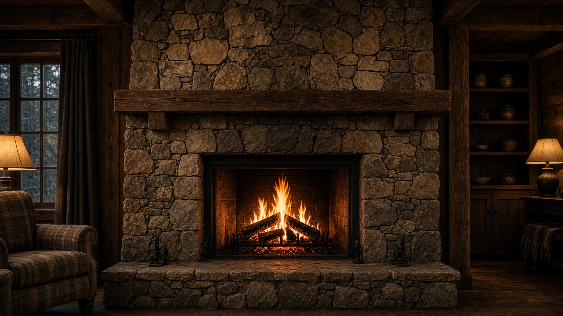Large wood-burning stone fireplace in a Northern Ontario cottage