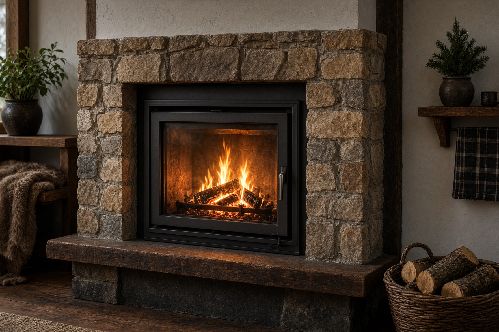 Wood-burning zero-clearance insert unit in a masonry opening